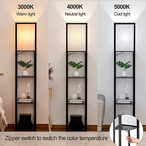 Lampa de podea cu rafturi LED + E27, abajur textil alb - Negru