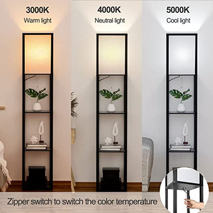 Lampa de podea cu rafturi LED + E27, abajur textil alb - Negru