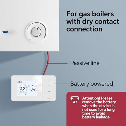 Termostat WiFi pe baterii cu 2 fire pentru centrala pe gaz, programare zilnica Tuya, compatibil Google Assistant si Alexa, W506 3A, montaj doza 503, alb