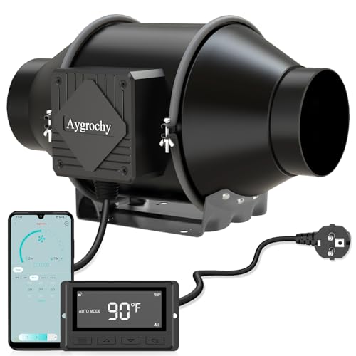 Aygrochy ventilator extractor de tub 100 mm WiFi, motor EC 30 W, 363 m3/h, 2800 rpm, control temperatura si umiditate din aplicatie, pentru ventilatie si extractie fum