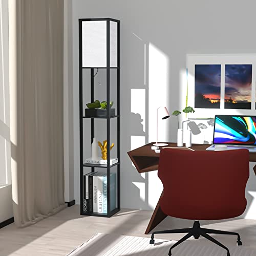 Lampa de podea cu rafturi LED + E27, abajur textil alb - Negru