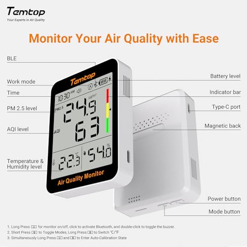 Monitor calitate aer Temtop S1+, senzor PM2.5 cu Bluetooth, termohigrometru digital pentru interior, monitor umiditate si temperatura pentru casa, birou, dormitor sau living