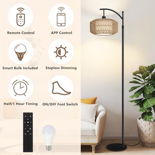 Lampa de podea cu abajur ratan, boho, dimabila, cu telecomanda si control din aplicatie, neagra, pentru living, dormitor si birou