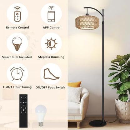 Lampa de podea cu abajur ratan, boho, dimabila, cu telecomanda si control din aplicatie, neagra, pentru living, dormitor si birou
