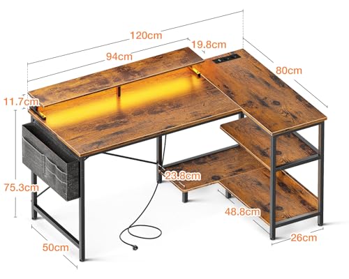Birou gaming LED tip L 120x80 cm Coleshome, USB+duble prize, rafturi