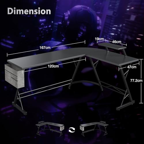 Birou gaming L 167x120 cm ODK cu suport monitor, carbon black