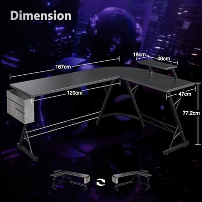 Birou gaming L 167x120 cm ODK cu suport monitor, carbon black