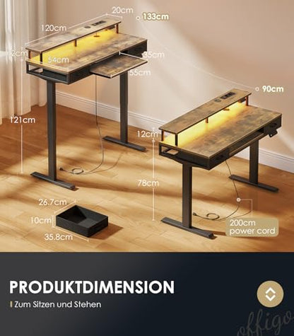 Birou electric reglabil 120 cm cu sertare OFFIGO, priza si bara lumina