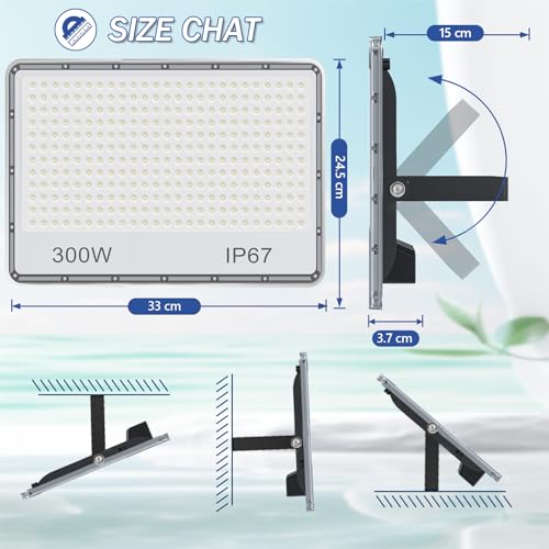 Proiector LED exterior 300W 30000lm IP67 + Lumina rece 6500K
