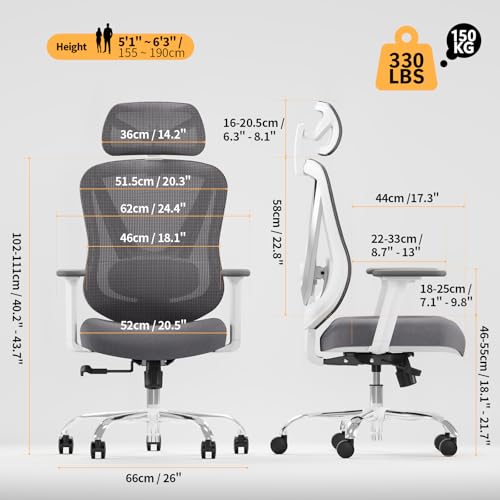 Scaun birou ergonomic HOLLUDLE Mesh alb + Suport lombar 3D + Brate 3D reglabile