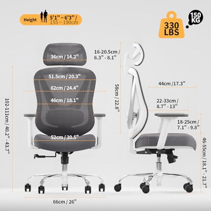 Scaun birou ergonomic HOLLUDLE Mesh alb + Suport lombar 3D + Brate 3D reglabile