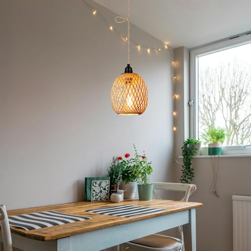 Lampa suspendata E27 pe baterie, cu abajur ratan boho