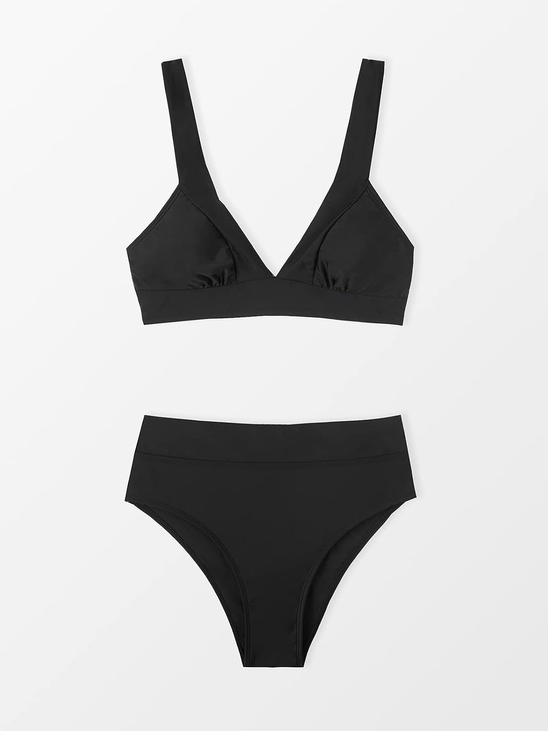 Costum de baie din doua piese CUPSHE cu decolteu in V, talie inalta si bretele late, marimea S, negru
