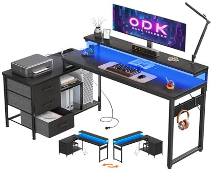 Birou in forma de L 174x100 cm, cu sertare si raft, reversibil, suport monitor, LED, porturi USB si priza, negru, ideal gaming si birou