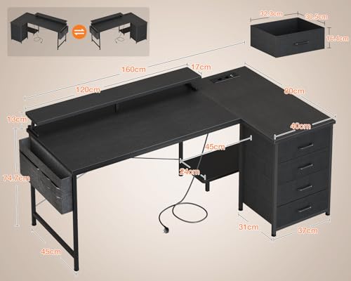 Birou colt L 160x80 cu sertare ODK + USB si priza, raft monitor, negru