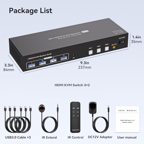 KVM Switch 3 PC Comuta 2 Monitoare HDMI 4K60Hz USB 3.0 PVBCTCSID EDID