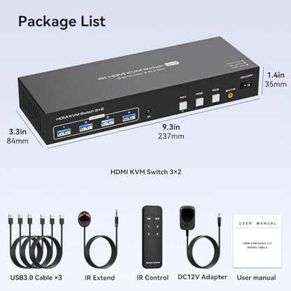 KVM Switch 3 PC Comuta 2 Monitoare HDMI 4K60Hz USB 3.0 PVBCTCSID EDID