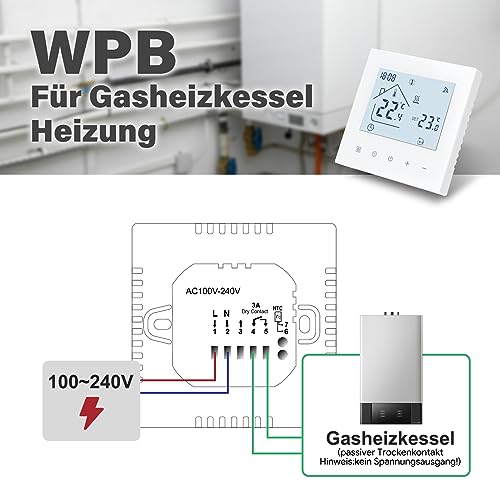 Termostat inteligent Beok WiFi pentru incalzire, centrala termica si incalzire in pardoseala, termostat de ambient programabil cu LCD digital, 3A, TDR89W-WIFI-WPB, alb