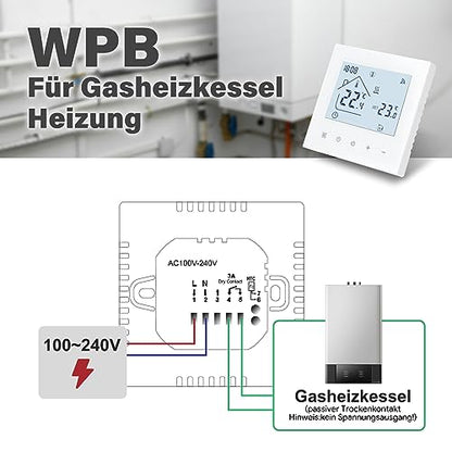 Termostat inteligent Beok WiFi pentru incalzire, centrala termica si incalzire in pardoseala, termostat de ambient programabil cu LCD digital, 3A, TDR89W-WIFI-WPB, alb