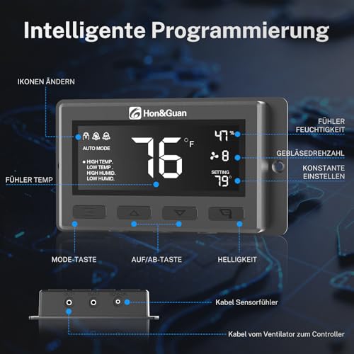 Ventilator de tub Hon&Guan EC 100 mm, 360 m³/h, cu regulator inteligent de temperatura si umiditate, control viteza, stecher EU, pentru grow tent, sera, filtru carbon activ, imprimanta 3D