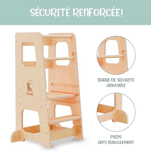Turn de invatare Montessori din lemn KYWAI, scaunel pentru copii 1 an, turn educational, alb