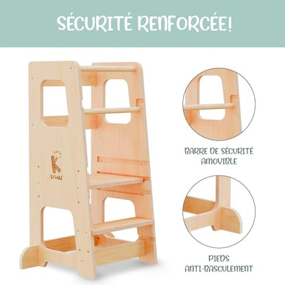 Turn de invatare Montessori din lemn KYWAI, scaunel pentru copii 1 an, turn educational, alb