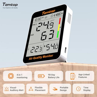 Monitor calitate aer Temtop S1+, senzor PM2.5 cu Bluetooth, termohigrometru digital pentru interior, monitor umiditate si temperatura pentru casa, birou, dormitor sau living