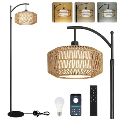 Lampa de podea cu abajur ratan, boho, dimabila, cu telecomanda si control din aplicatie, neagra, pentru living, dormitor si birou