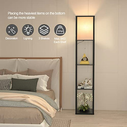Lampa de podea cu rafturi LED + E27, abajur textil alb - Negru