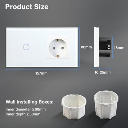 Intrerupator touch 1 gang + priza Schuko ingropata BSEED, sticla alba