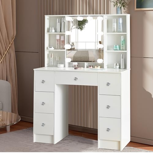 Masa pentru machiaj cu oglinda si lumini LED, luminozitate reglabila, 7 sertare si 6 rafturi, masa machiaj moderna pentru dormitor, alba 100 x 40 x 140 cm