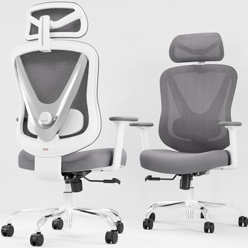Scaun birou ergonomic HOLLUDLE Mesh alb + Suport lombar 3D + Brate 3D reglabile