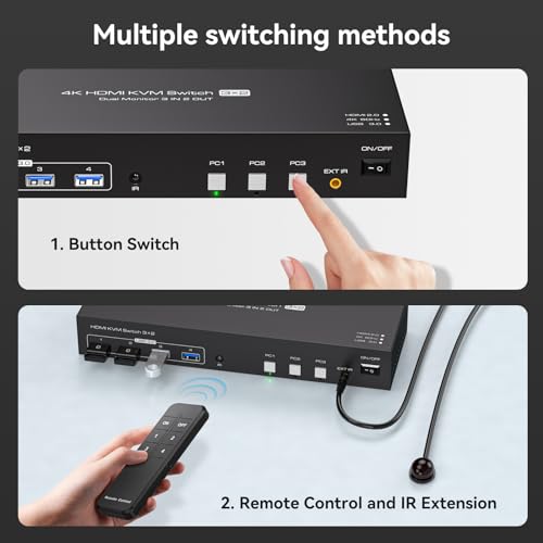 KVM Switch 3 PC Comuta 2 Monitoare HDMI 4K60Hz USB 3.0 PVBCTCSID EDID