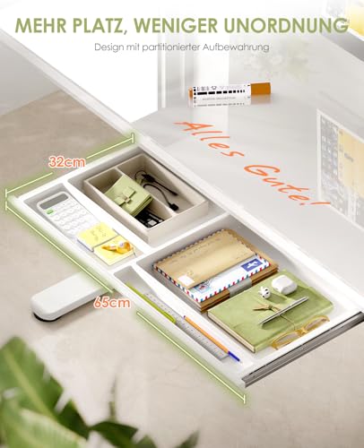 Birou electric reglabil pe inaltime OffiGo Glass, 120x60 cm, blat din sticla, sertar, USB si Type-C, alb