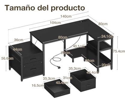 Birou colt L 140x80 cu sertare textile + priza Coleshome, reversibil