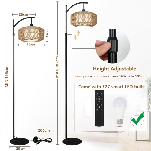 Lampa de podea cu abajur ratan, boho, dimabila, cu telecomanda si control din aplicatie, neagra, pentru living, dormitor si birou