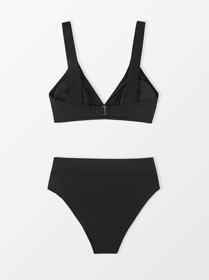 Costum de baie din doua piese CUPSHE cu decolteu in V, talie inalta si bretele late, marimea S, negru