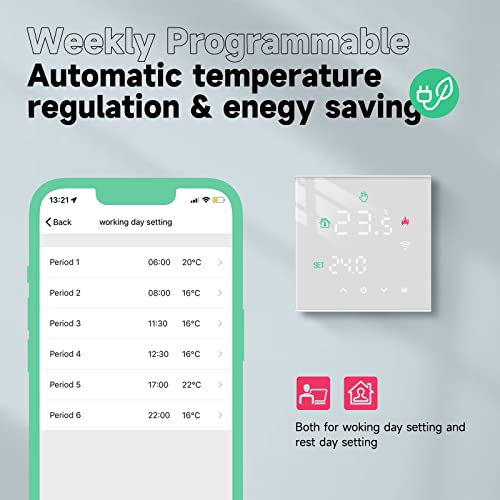 Termostat inteligent Beok WiFi pentru centrala termica, control Tuya, programabil, termostat digital wireless cu ecran tactil LCD, montaj pe perete, TGW60W-WIFI-WPB, alb