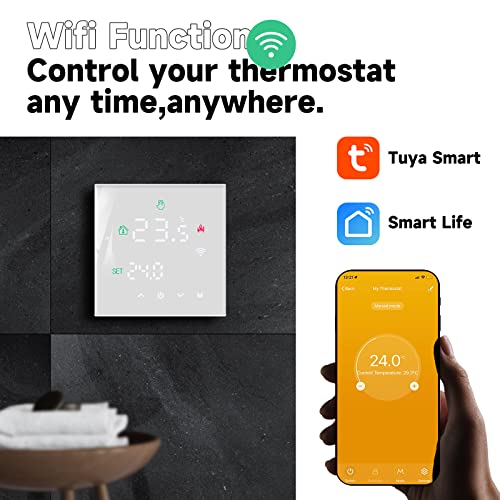 Termostat inteligent Beok WiFi pentru centrala termica, control Tuya, programabil, termostat digital wireless cu ecran tactil LCD, montaj pe perete, TGW60W-WIFI-WPB, alb