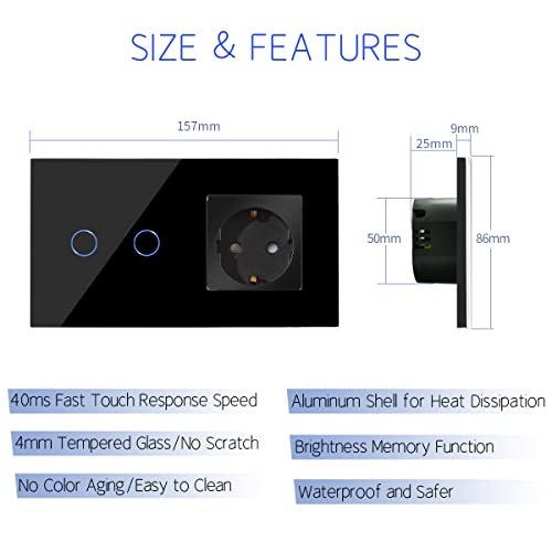 Intrerupator Dimmer touch dublu cu priza Schuko CNBINGO, sticla neagra, LED status