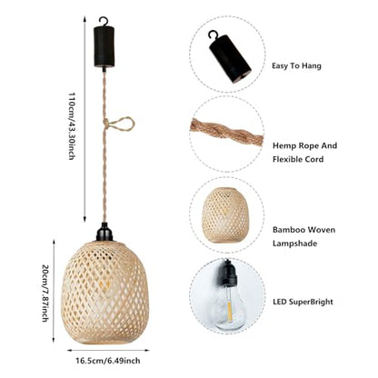 Lampa suspendata E27 pe baterie, cu abajur ratan boho