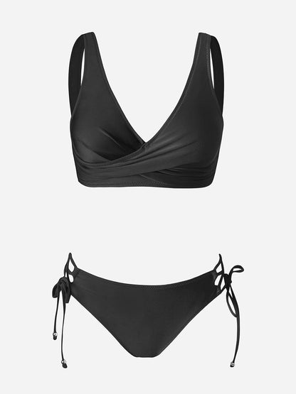 Costum de baie bikini CUPSHE cu aspect petrecut si snur, imprimeu floral, doua piese, marimea M, negru pur