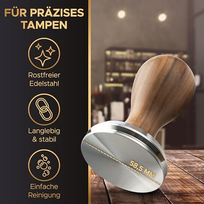 Espresso Tamper 58.5 mm BaristaLegends + baza inox, maner lemn, anti-vacuum