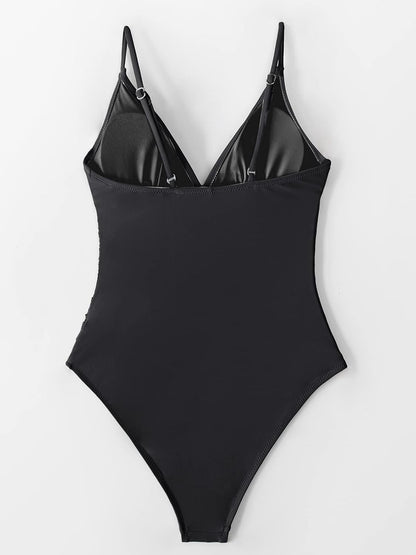 Costum de baie intreg CUPSHE cu decolteu in V, dungi si control al abdomenului, marimea XL, negru
