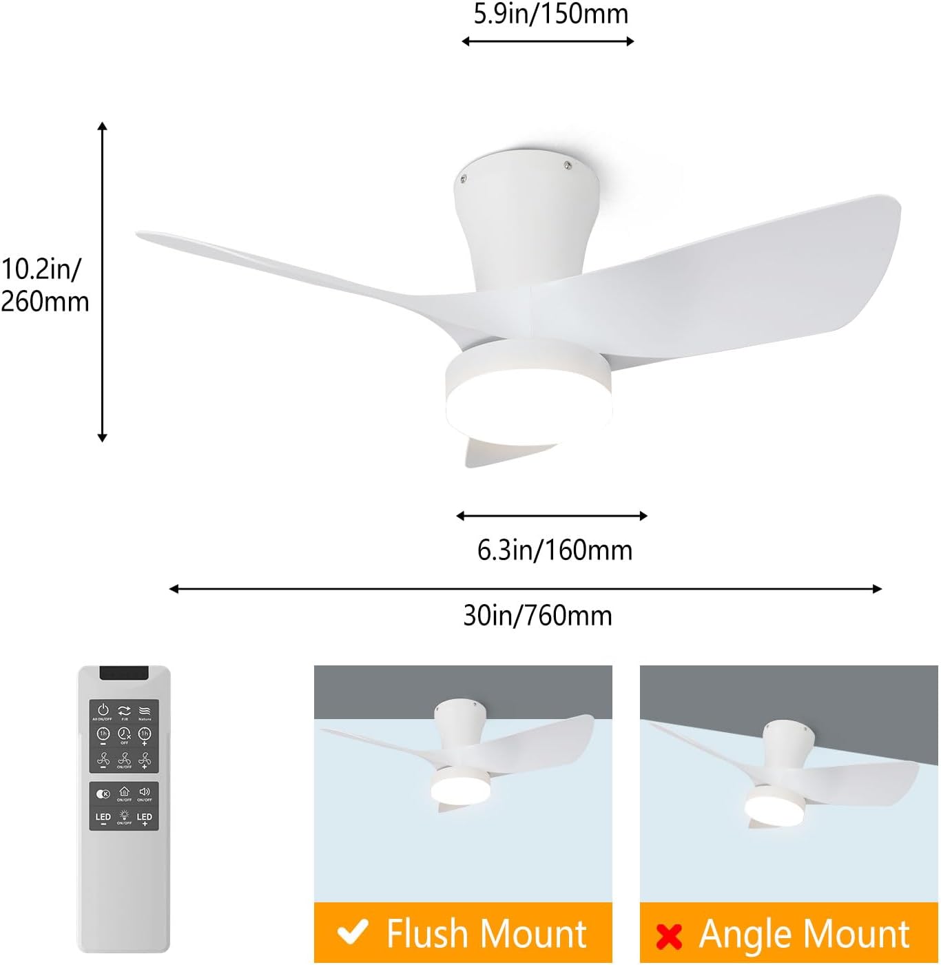 White Ceiling Fan with Light 30inch, Large Air Volume, Ceiling Fans with Lights for Bedroom Kitchen Dining room Patio