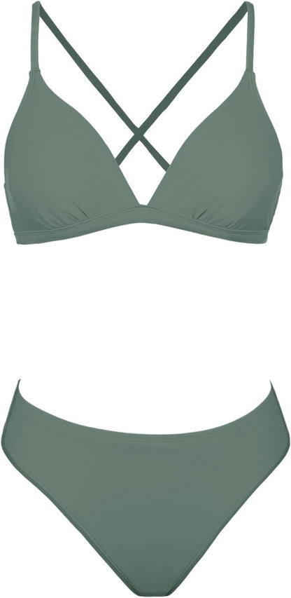 Costum de baie bikini CUPSHE din doua piese, cu detalii contrastante, marimea L, verde salvie