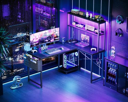 Birou gaming colt 110x80 reversibil Coleshome cu LED, prize si rafturi