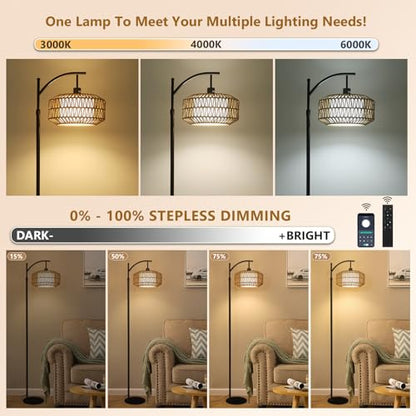 Lampa de podea cu abajur ratan, boho, dimabila, cu telecomanda si control din aplicatie, neagra, pentru living, dormitor si birou