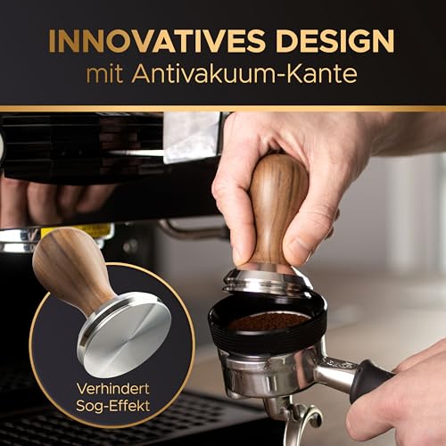 Espresso Tamper 58.5 mm BaristaLegends + baza inox, maner lemn, anti-vacuum