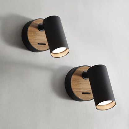ouglres Black Wall Lamp with Switch, Pack of 2, Wooden Wall Light, Retro Wall Spot Made of Aluminium Lampshade, Rotatable, Wall Light Indoor, Compact, Bed, Bedroom, Living Room, GU10